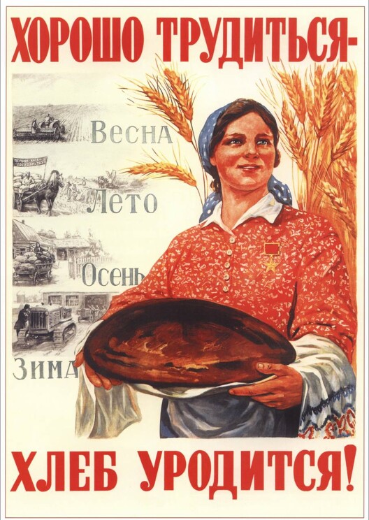 «Хорошо трудиться — хлеб уродится!»
Плакат о битве за урожай.
Соловьев М., 1947 год.
